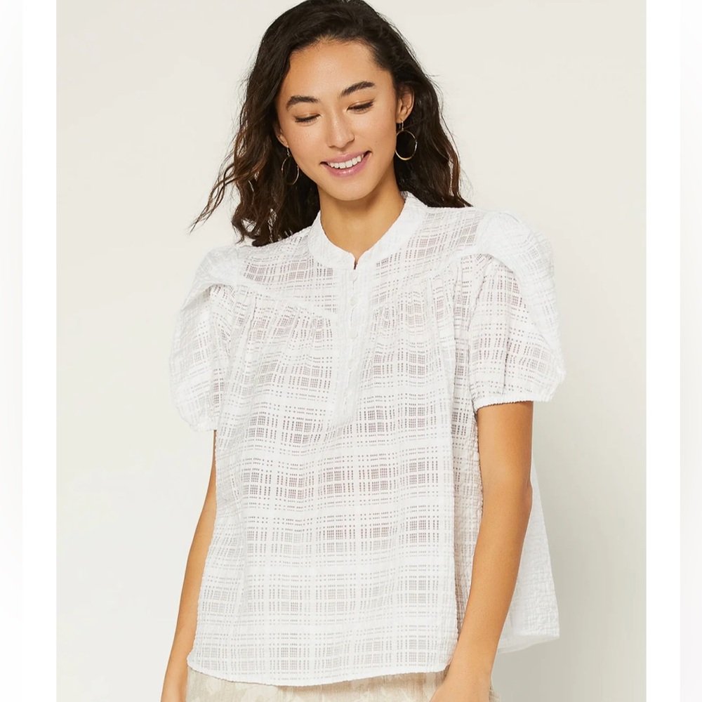 Anthropologie Current Air • White  Puff Sleeve Blouse Size Small